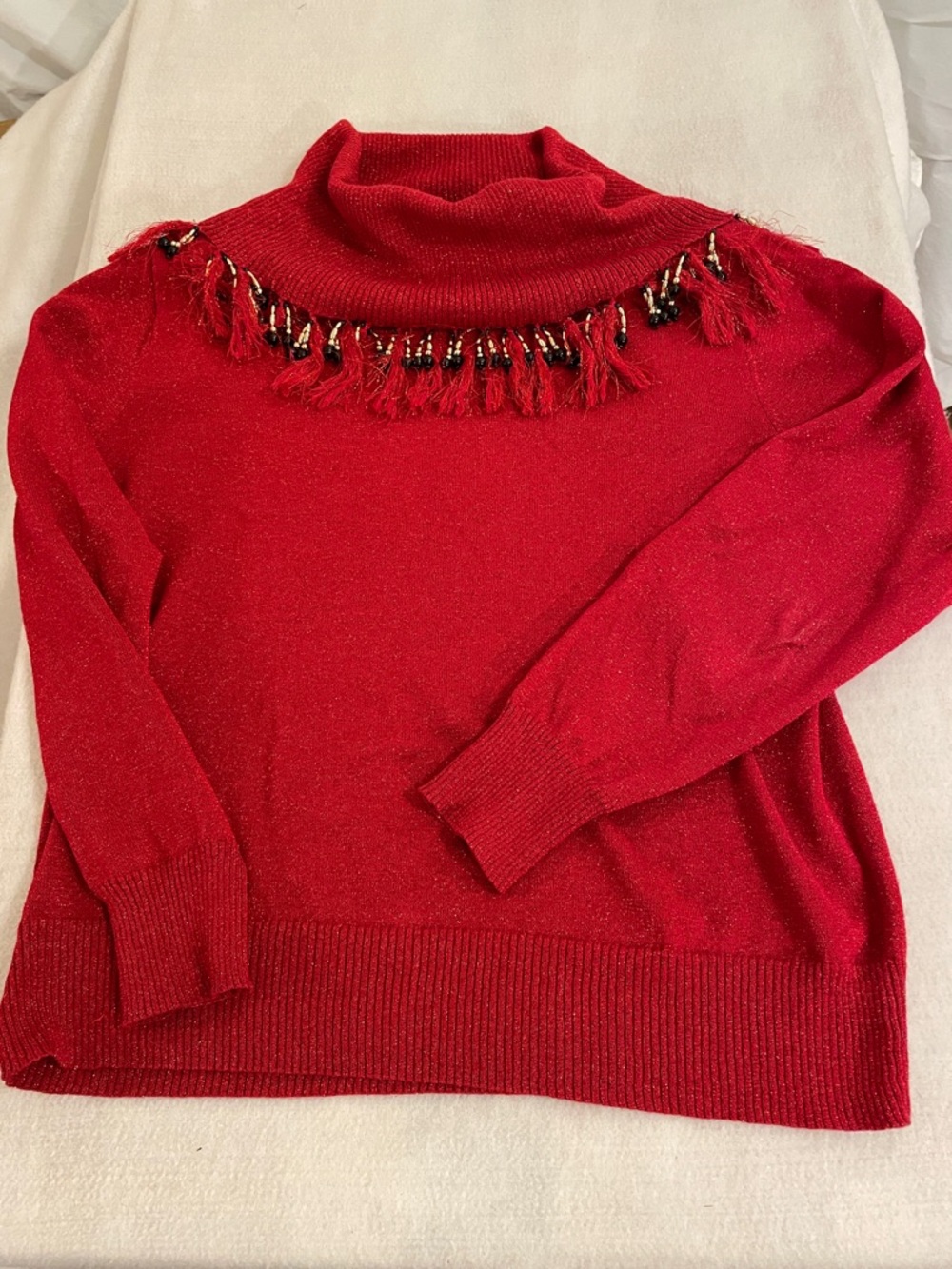 Dress Barn Red Tassel-Trim Sparkle Cowl Neck Sweater